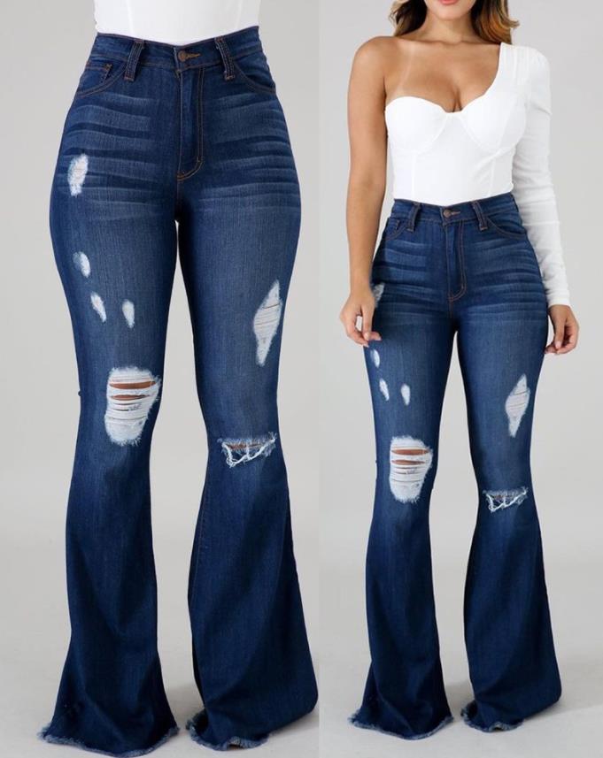 Women&s High Waist Cutout Raw Hem Flared Jeans Autumn Fashion Woman Denim Pants Jean Femme High Waist Full Length Slim Jeans